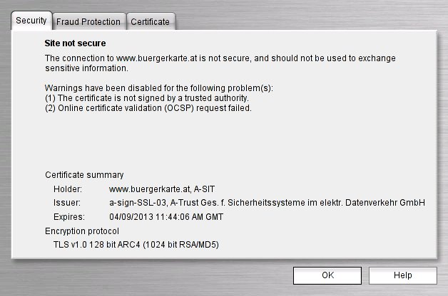 Screenshot http://www.buergerkarte.at/ - Problem mit dem Zertifikat 