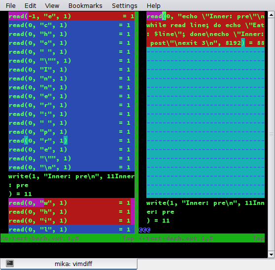 screenshot of vimdiff on *.out files